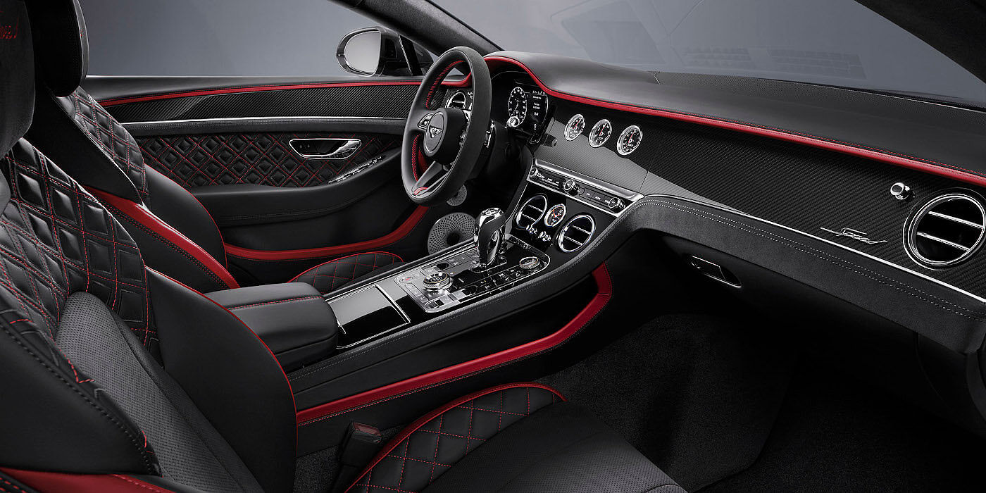 Bentley Brussels Bentley Continental GT Speed coupe front interior in Beluga black and Hotspur red hide