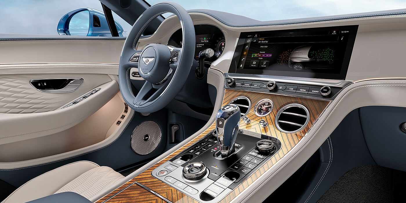 Bentley Brussels New Bentley Continental GTC Azure convertible interior front cabin view with Linen and Brunel hides and Piano Linen by Mulliner veneer featuring centre console and centre MMI screen