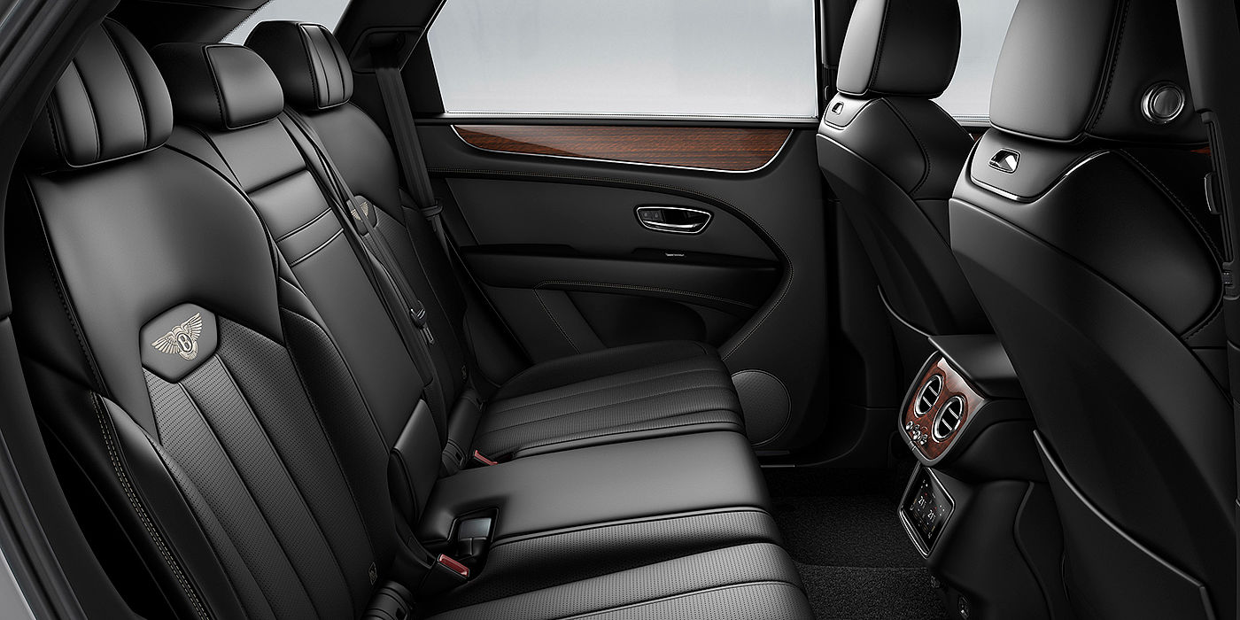 Bentley Brussels Bentey Bentayga interior view for rear passengers with Beluga black hide.