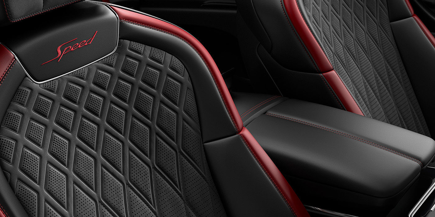 Bentley Brussels Bentley Flying Spur Speed sedan seat stitching detail in Beluga black and Cricket Ball red hide