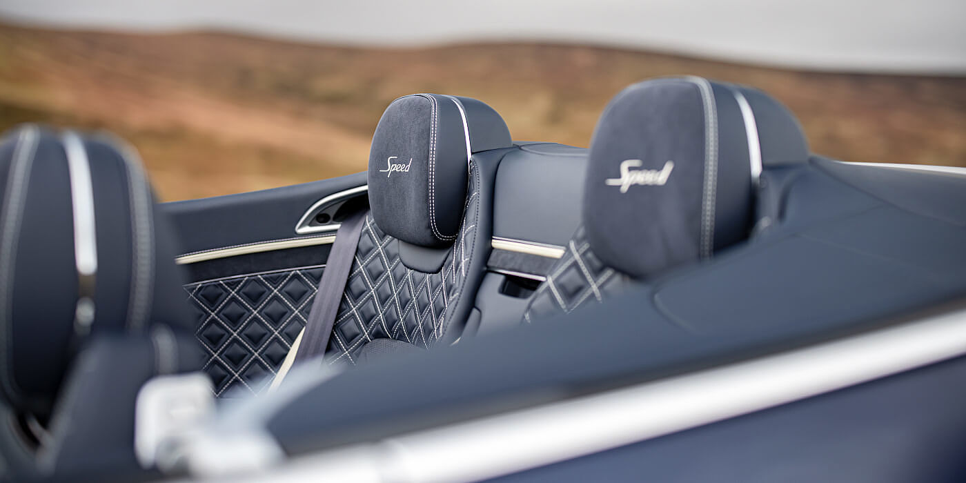 Bentley Brussels Bentley Continental GTC Speed convertible rear interior in Imperial Blue and Linen hide