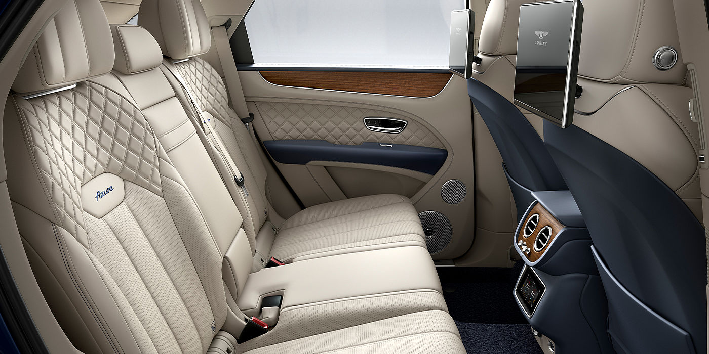 Bentley Brussels Bentley Bentayga Azure SUV rear interior in Imperial Blue and Linen hide