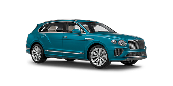 Bentley Brussels Bentley Bentayga EWB Azure front side angled view in Topaz blue coloured exterior. 