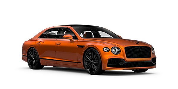 Bentley Brussels Bentley Flying Spur Speed front side angled view in Orange Flame coloured exterior. 