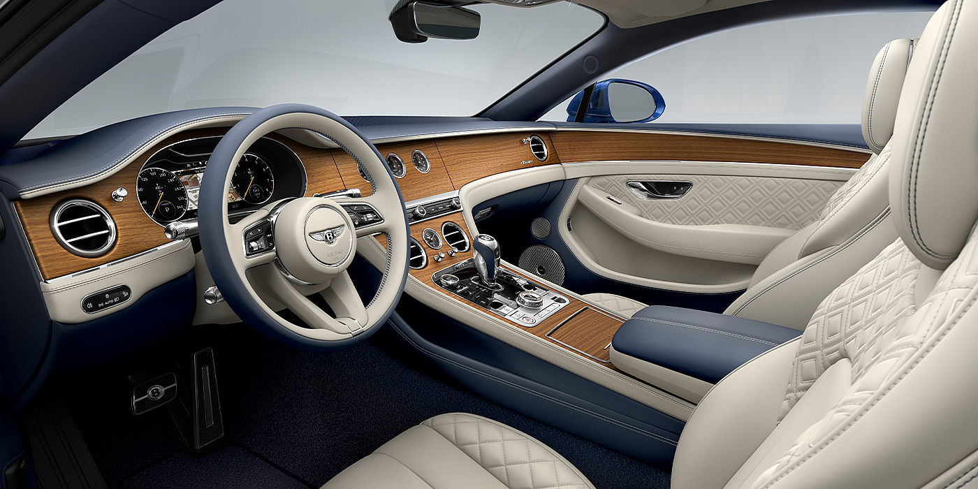 Bentley Brussels Bentley Continental GT Azure coupe front interior in Imperial Blue and linen hide