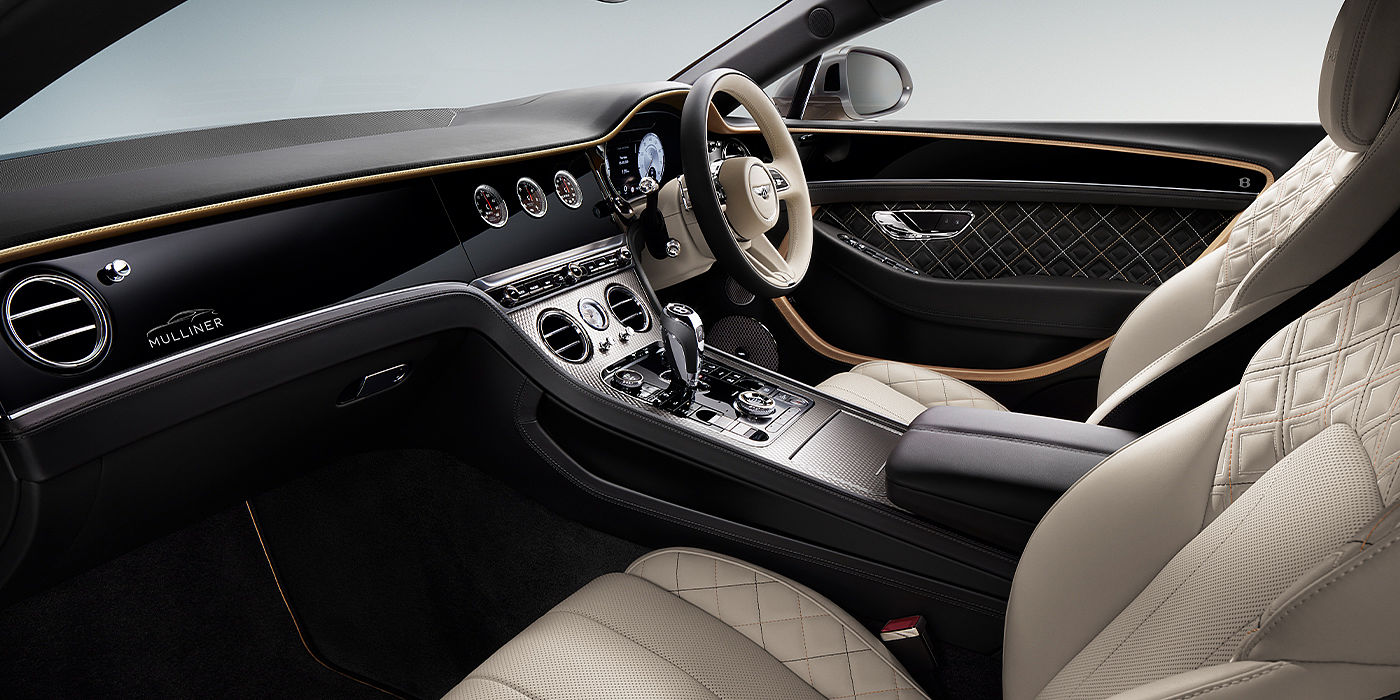 Bentley Brussels Bentley Continental GT Mulliner coupe front interior in Beluga black and Linen hide