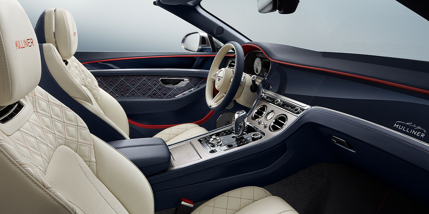 Bentley Brussels Bentley Continental GTC Mulliner convertible front interior in Imperial Blue and Linen hide