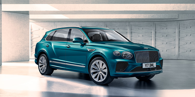 Bentley Brussels Bentley Bentayga Extended Wheelbase Azure SUV front three quarter in Topaz blue paint colour with a grey background