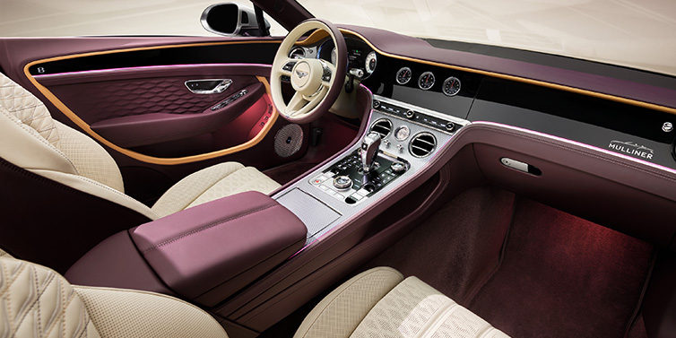 Bentley Brussels Bentley Continental GTC Mulliner convertible front interior including Linen and Damson purple hides and Grand Black veneer