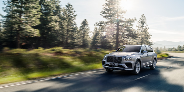 Bentley Brussels Bentley Bentayga SUV front three quarter in Moonbeam silver paint driving dynamically along a tree-lined road