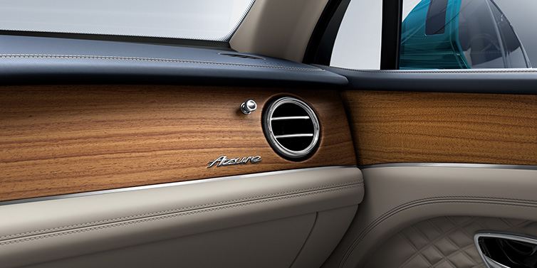 Bentley Brussels Bentley Bentayga Extended Wheelbase Azure front dash showing Open Pore Koa veneer surrounded by Portland and Imperial Blue hides